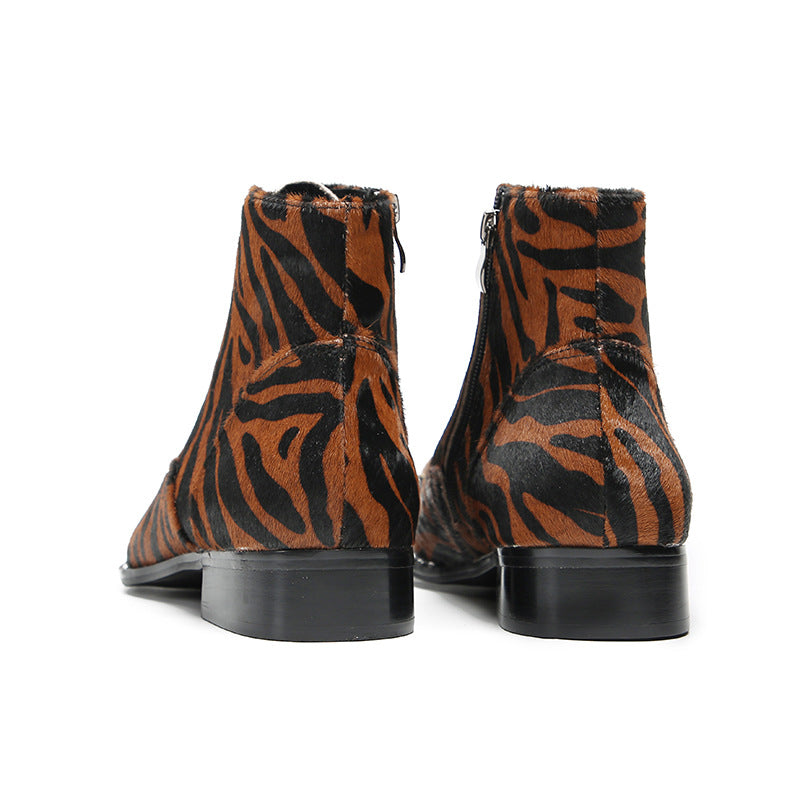 Chelsea boots autumn and winter men's pointed-toe British leopard print Martin boots youth high-top leather boots brown short boots leather shoes trendy