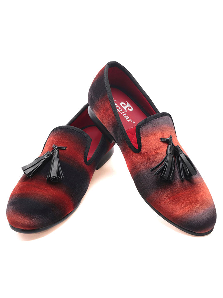 Red and black mixed color imported velvet men's handmade loafers European and American party nightclub slip-on cowhide tassel shoes