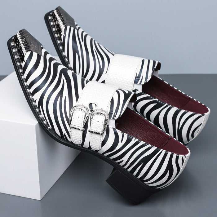 Amazon's best-selling cross-border zebra pattern iron toe double buckle leather shoes men's business