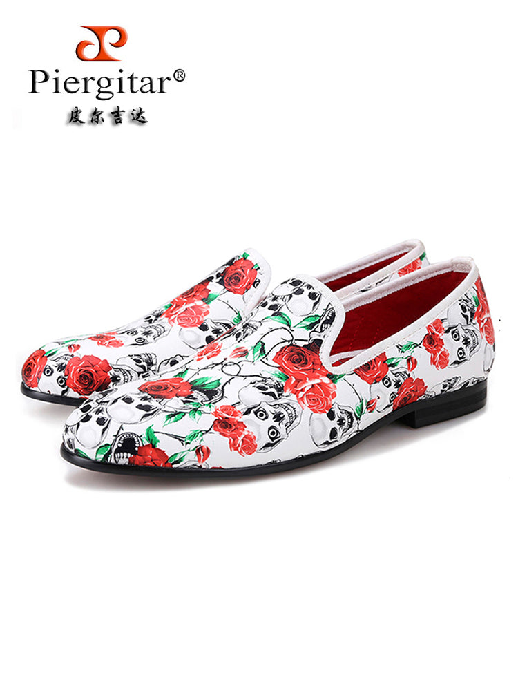 New skull mixed print white men's loafers European and American trendy banquet formal shoes single shoes for men