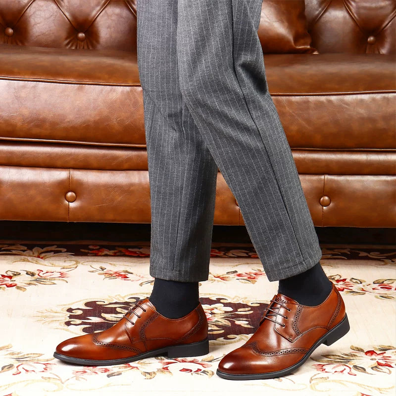 Men's Brown Leather Shoes, Height Increasing, Pointed Toe