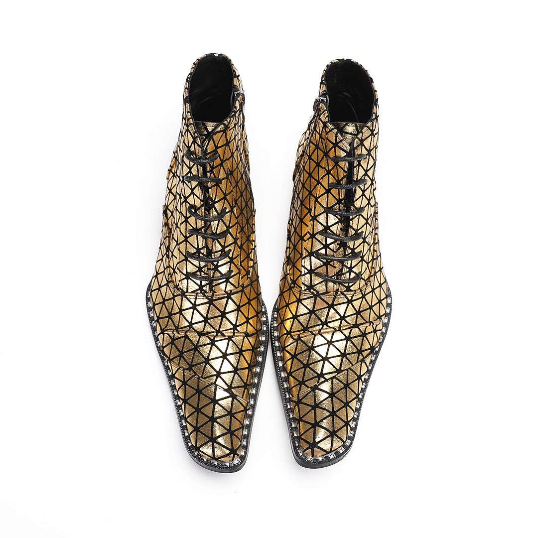 Men's Gold Leather Boots – British Style, Height Increasing