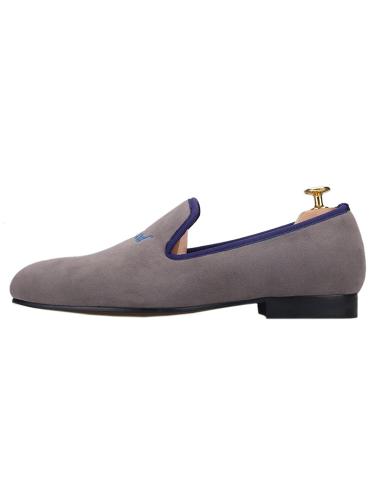 Summer new British style casual slip-on smoking shoes gray velvet embroidered trendy men's slip-on loafers