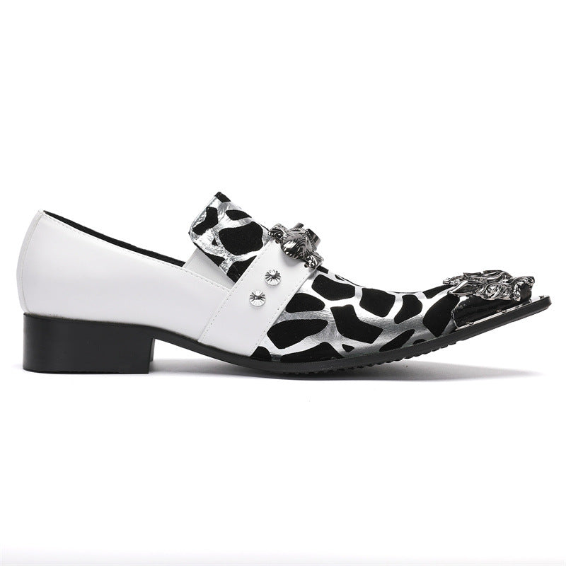 White leather shoes for men, Korean style casual men's slip-on hairstylist wedding shoes, pointed toe slip-ons, heightening formal business shoes