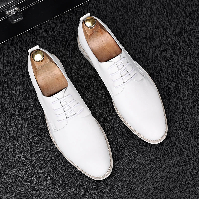Men's White Genuine Leather Wedding Shoes, Height Increasing, Pointed Toe