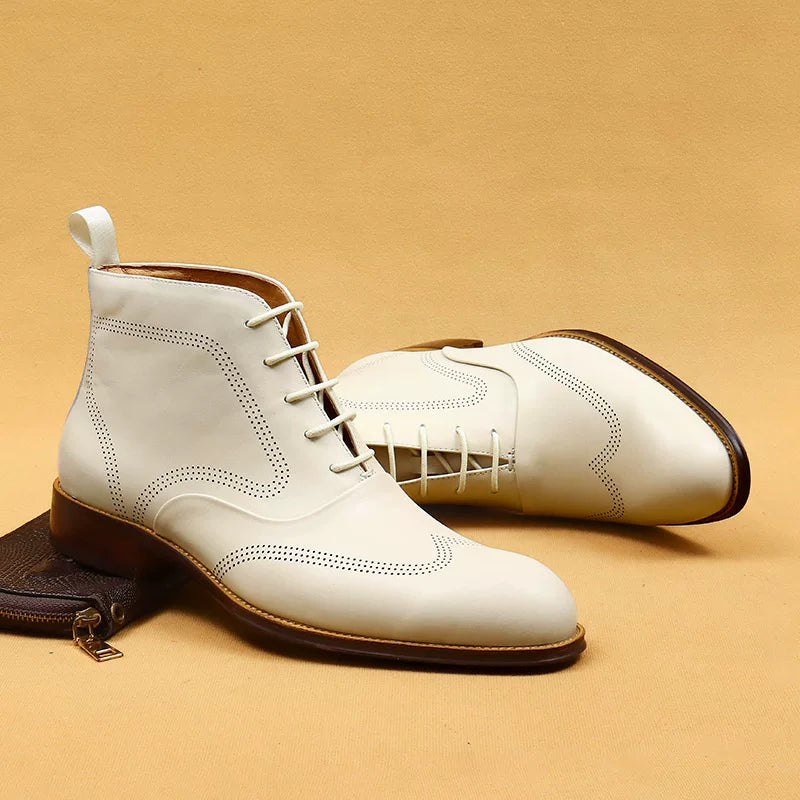 Men's White Genuine Leather Martin Boots, British Style, Business