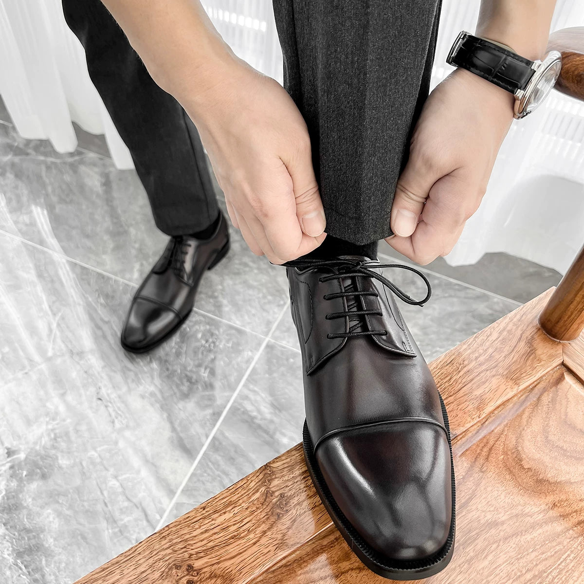 Men's Genuine Leather Derby Shoes, Pointed Toe, Business