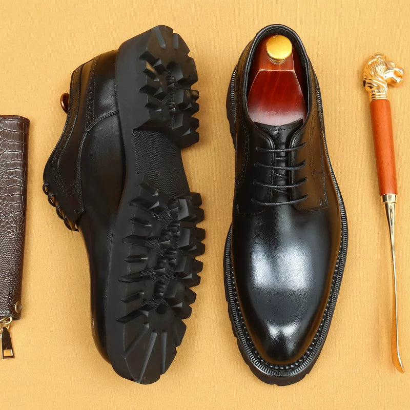 Men's Brown Genuine Leather Derby Shoes, Thick Sole, British Style