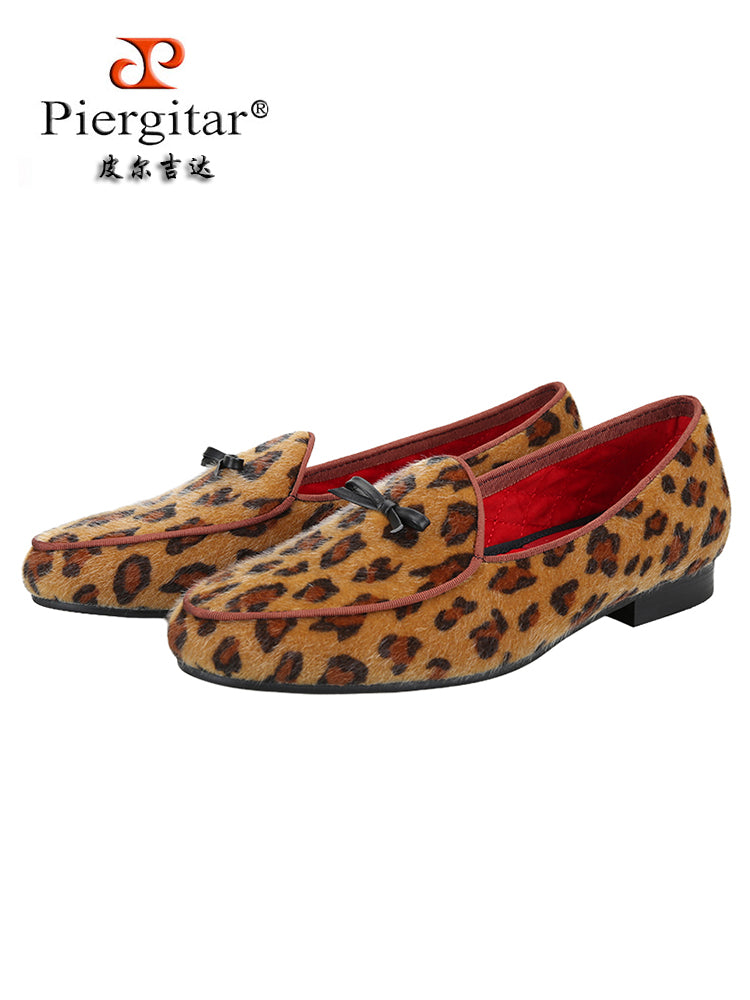 New European and American export wild leopard pattern men's loafers handmade genuine leather small bow tie slip-on shoes for men
