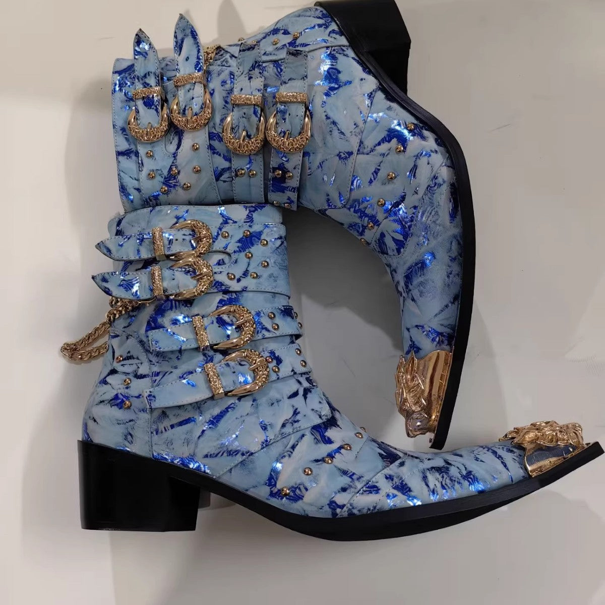 2024 new European and American autumn and winter side zipper solid color men's gold metal square heel winter trend pointed Martin boots large size