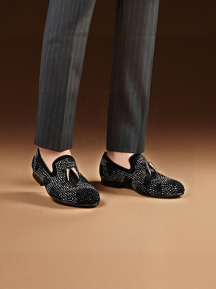 New two-color diamond mixed tassel handmade men's loafers European and American big-name trendy low-cut smoking shoes