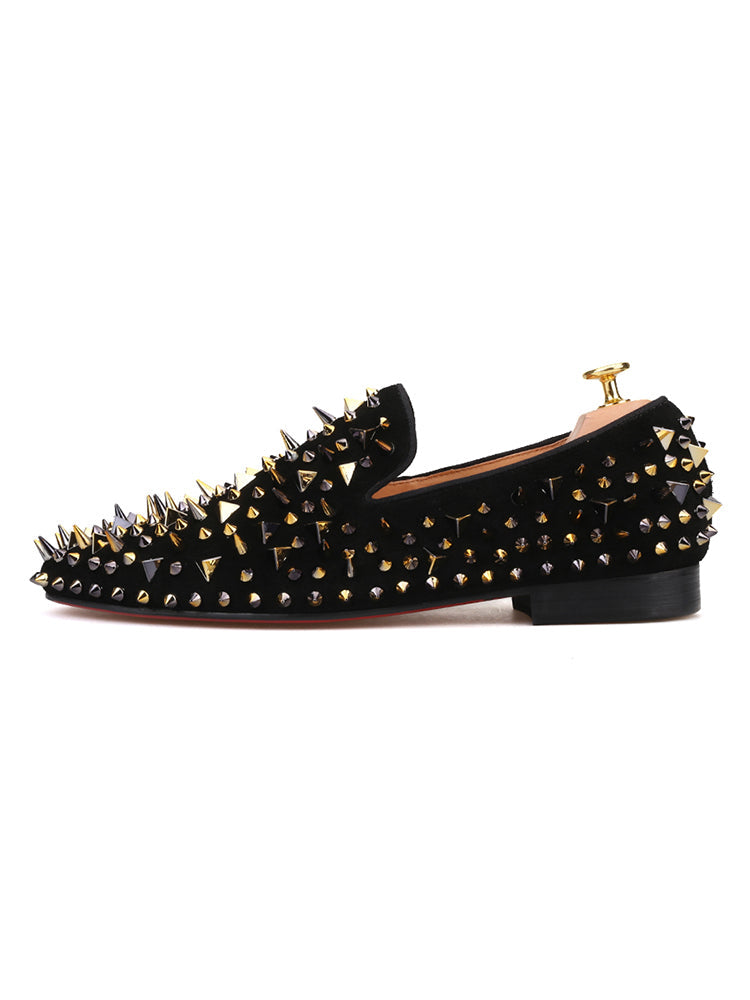 Summer new style black nubuck leather gold and silver two-color rivet men's loafers European and American trendy nightclub slip-on shoes