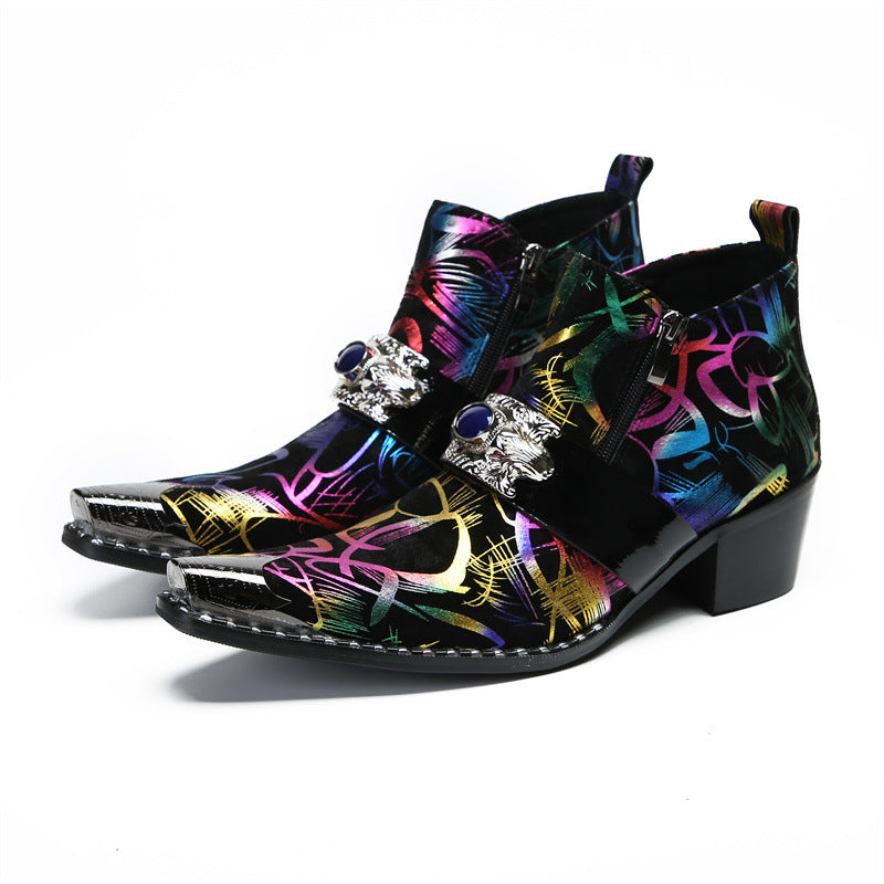Senlu cowhide Chelsea boots British short boots brogue pointed toe handmade leather boots leather boots trendy foreign trade printing