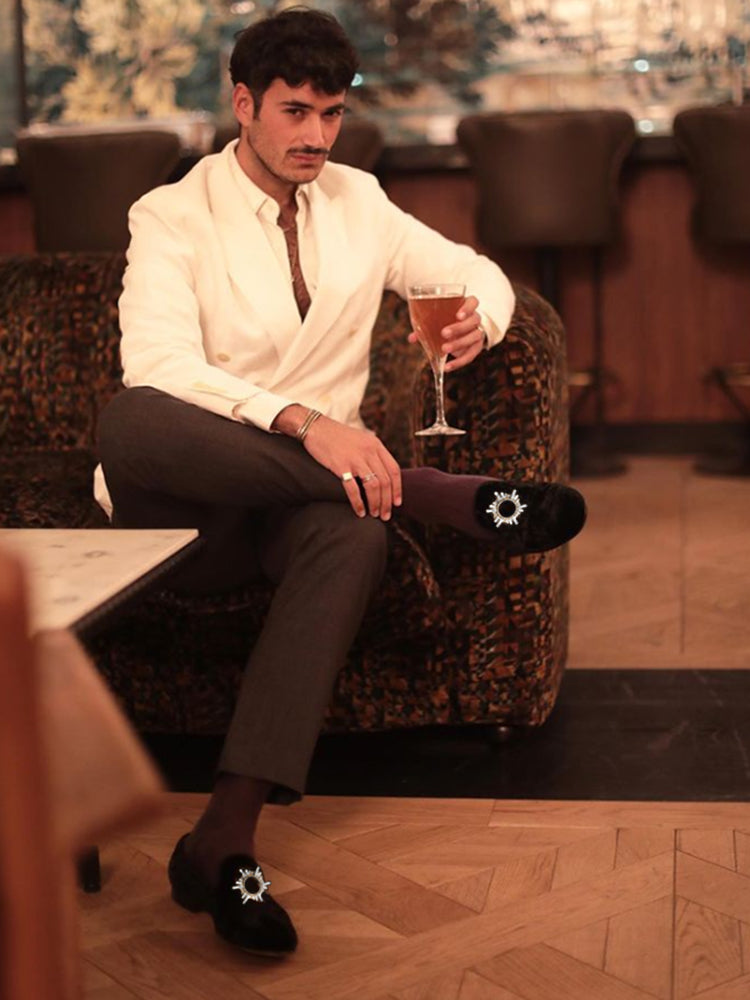 New imported gold diamond velvet men's slip-on loafers handmade rhinestone buckle casual formal shoes wedding party