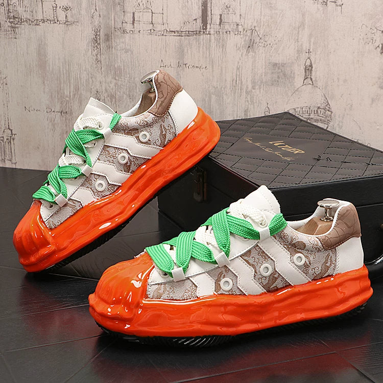 Men's Platform Low-Top Genuine Leather Korean Style Color-Block Skate Shoes