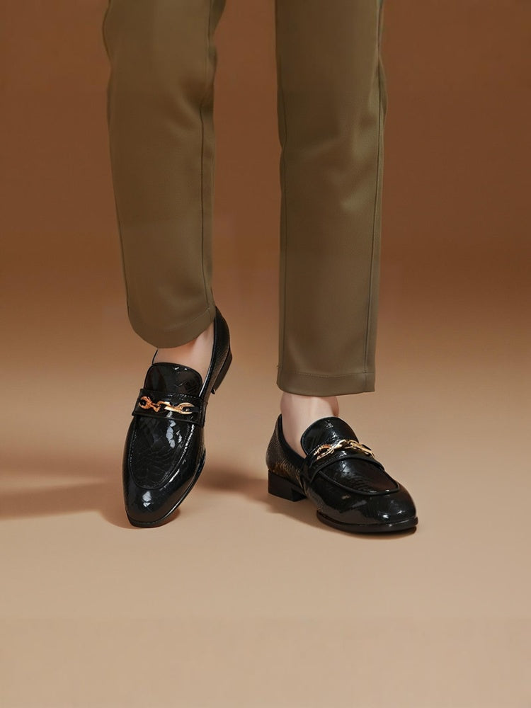 European and American style black crocodile pattern embossed first layer cowhide men's casual leather shoes metal buckle slip-on fashion shoes