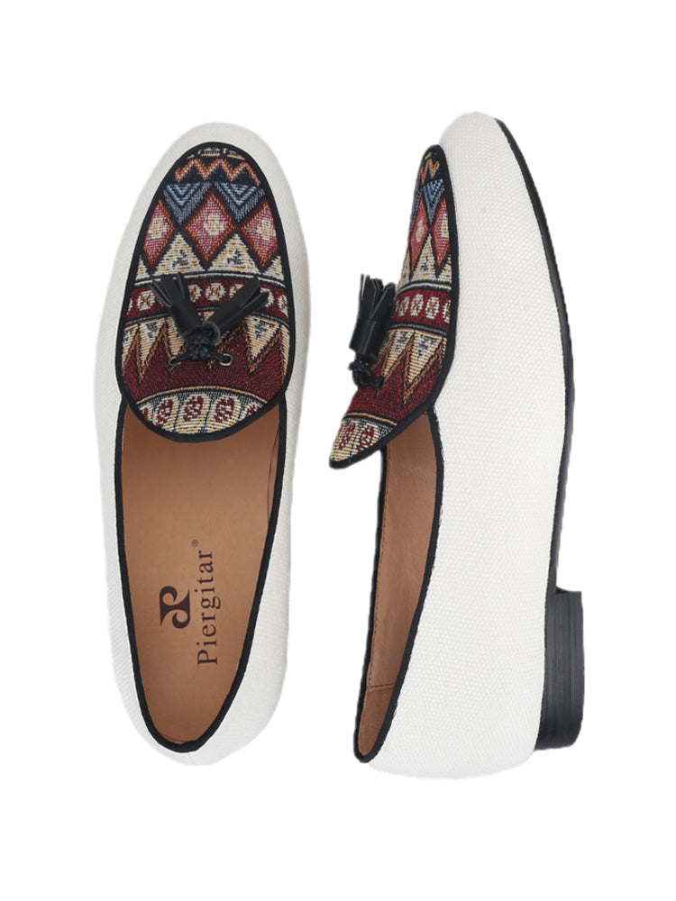 Italian design white canvas stitching ethnic knitted tassel loafers European and American style formal slip-on shoes
