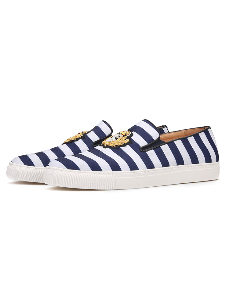 British navy style blue and white canvas slip-on loafers imported handmade Indian silk white thick-soled shoes for men