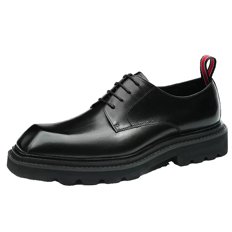 Men's Black Genuine Leather Derby Shoes, Height Increasing, Thick Sole