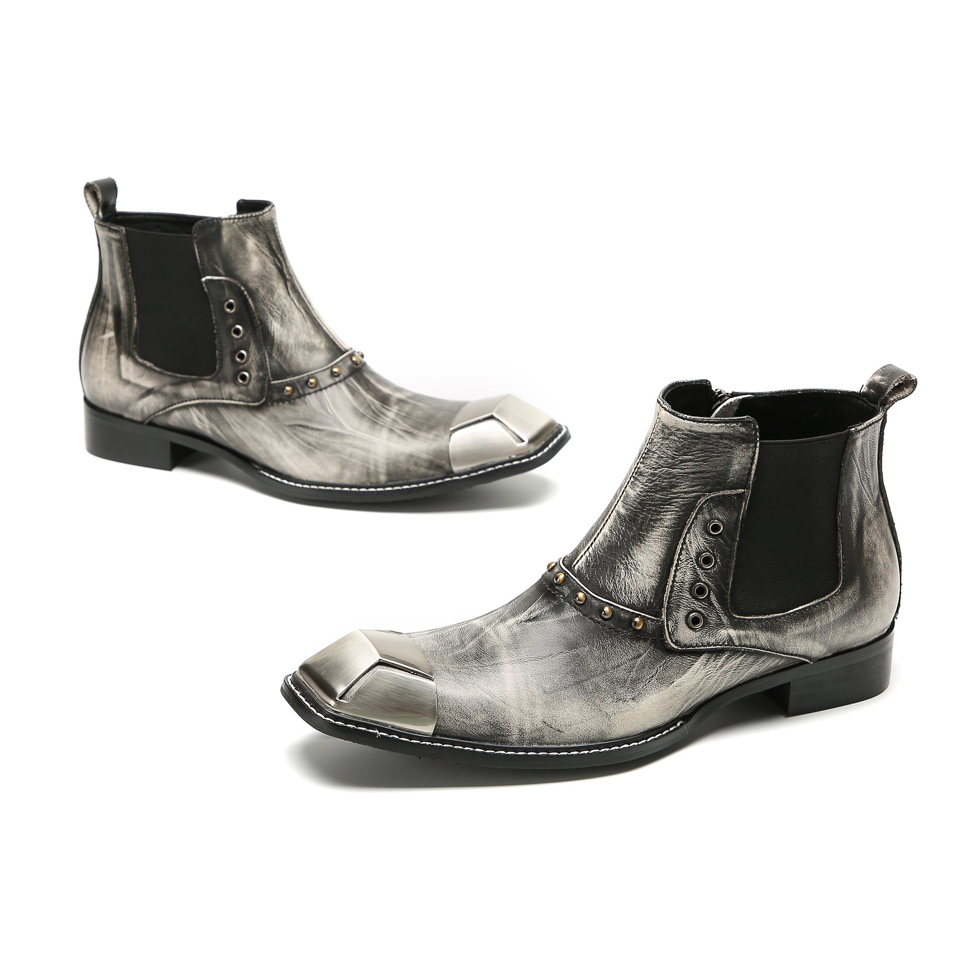 Foreign trade cowhide square-toe Chelsea boots for men British brogue carved short boots trendy high-top shoes commuter soft cowhide boots