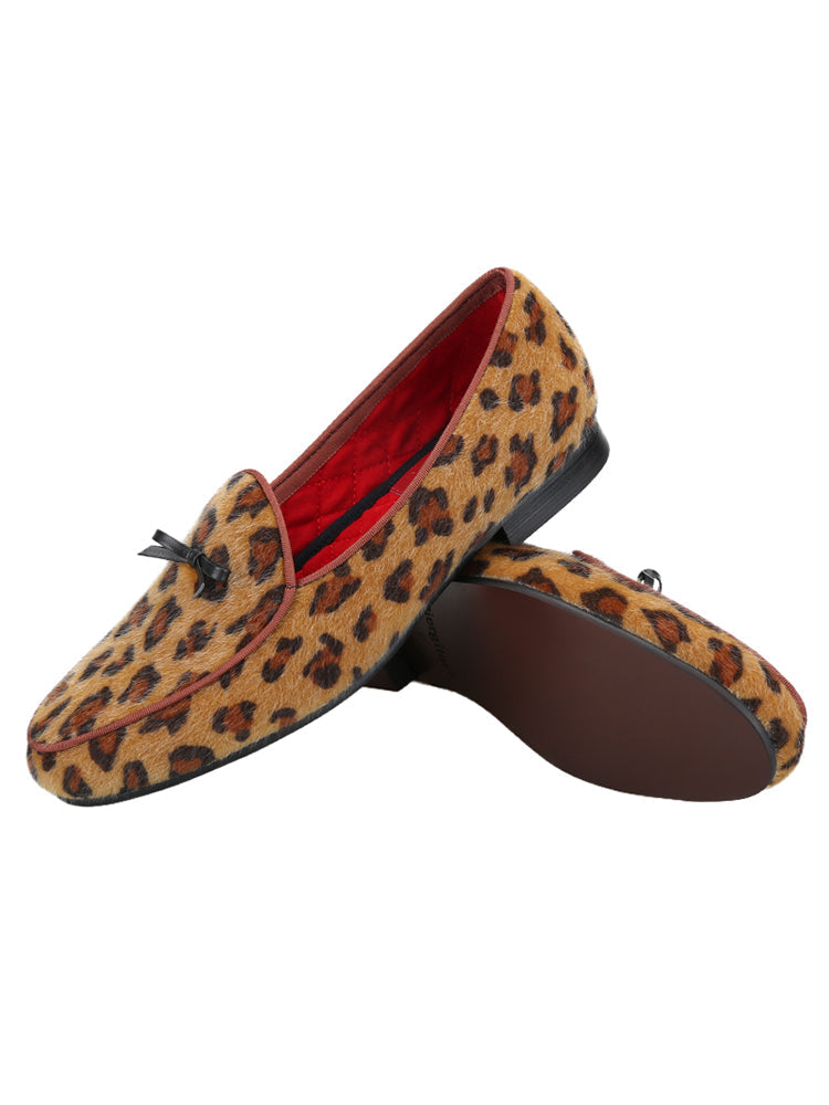 New European and American export wild leopard pattern men's loafers handmade genuine leather small bow tie slip-on shoes for men
