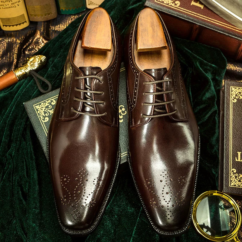 Men's Genuine Leather Wedding Shoes, Square Toe, British Style