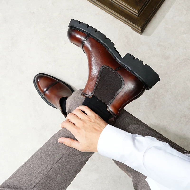 Men's Genuine Leather Martin Boots, Height Increasing, Thick Sole