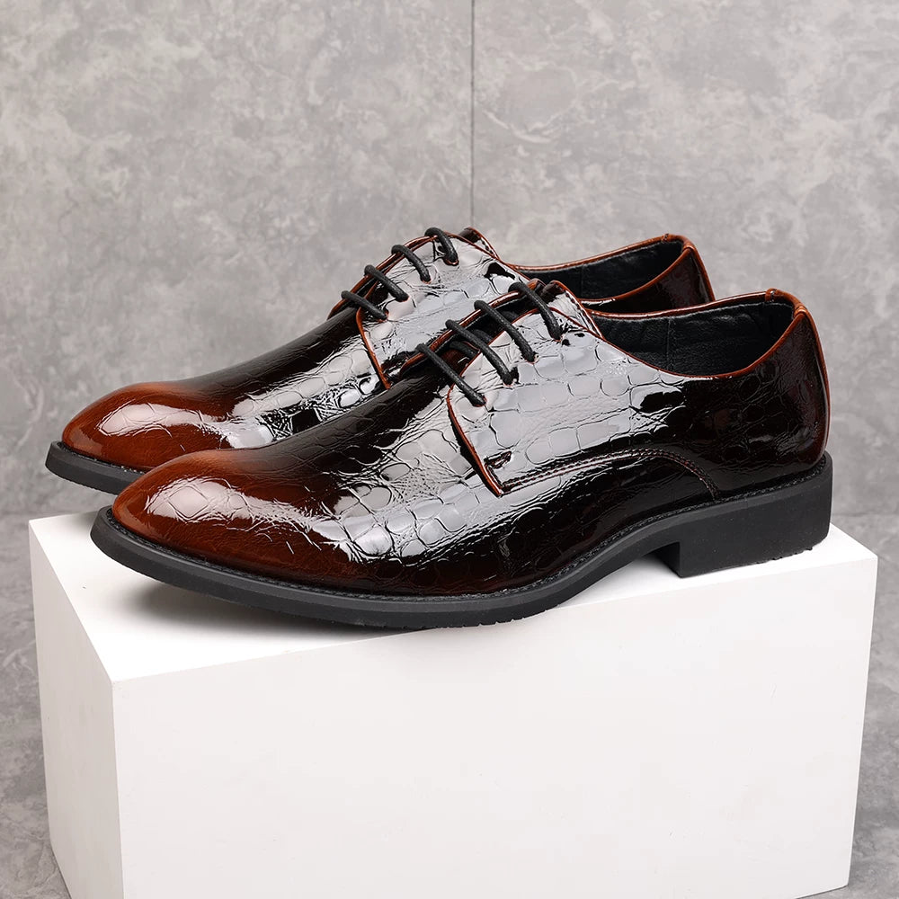 Men's Patent Leather Derby Shoes, Height Increasing, Pointed Toe