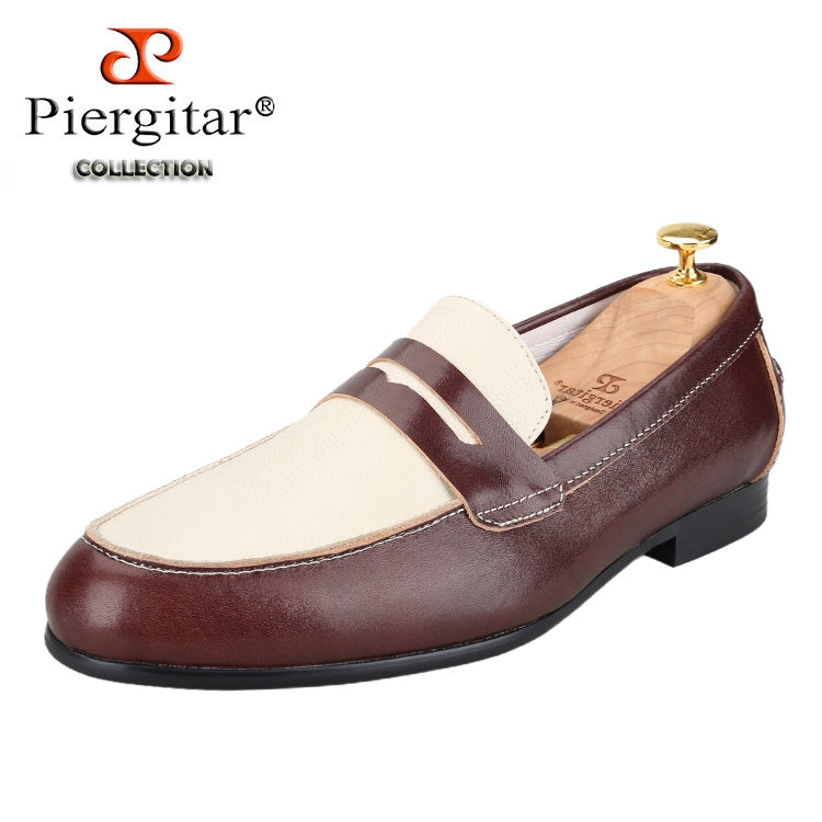British style handmade custom-made men's casual leather shoes with one foot, black and white splicing cowhide classic penny loafers for men