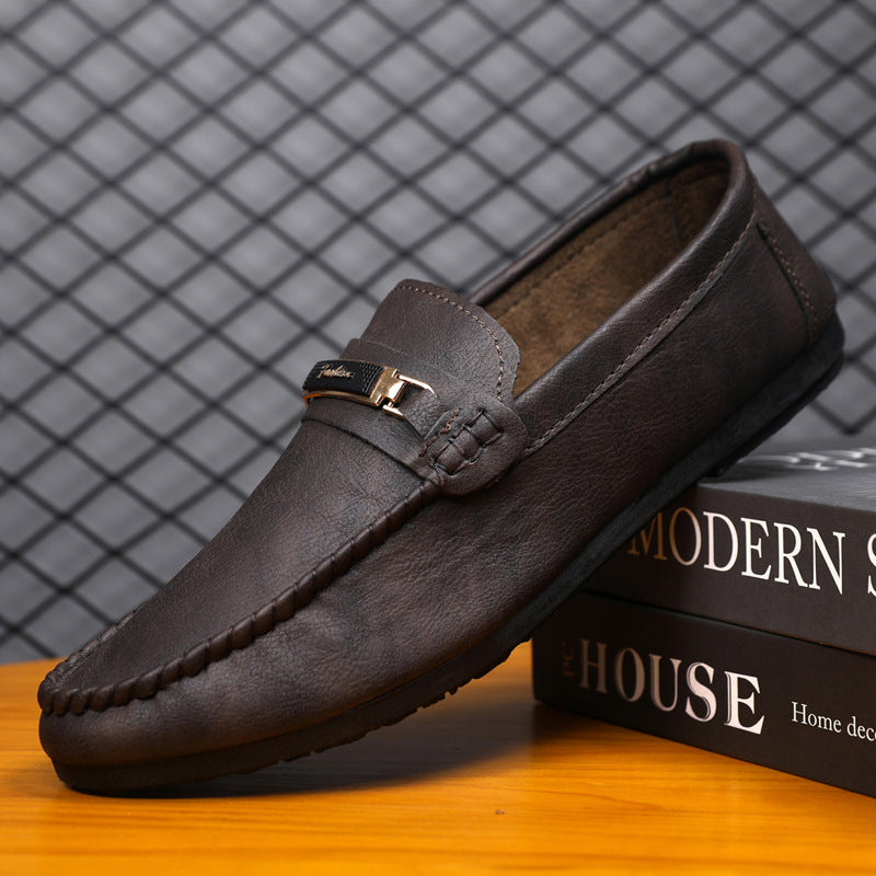 Leather shoes waterproof casual one-pedal loafers handmade business low-top black British men's shoes flat platform single shoes