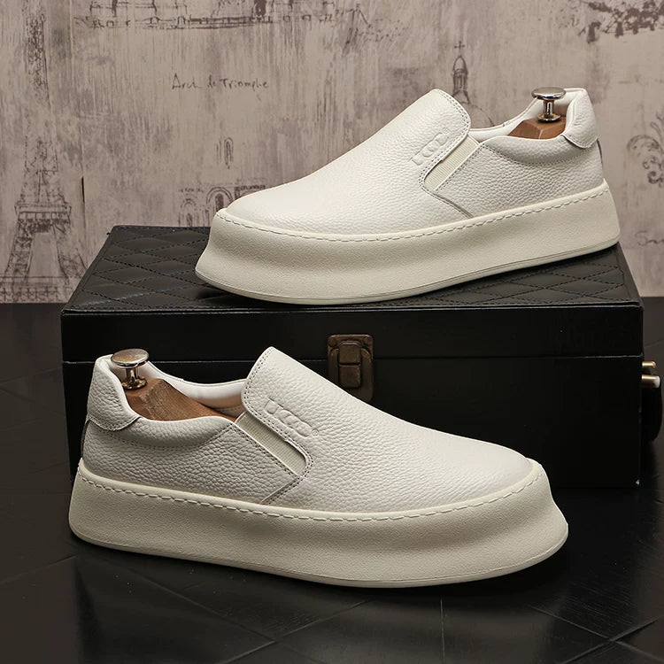 Men's Height-Increasing Slip-On Low-Top Genuine Leather White Skate Sneakers Casual