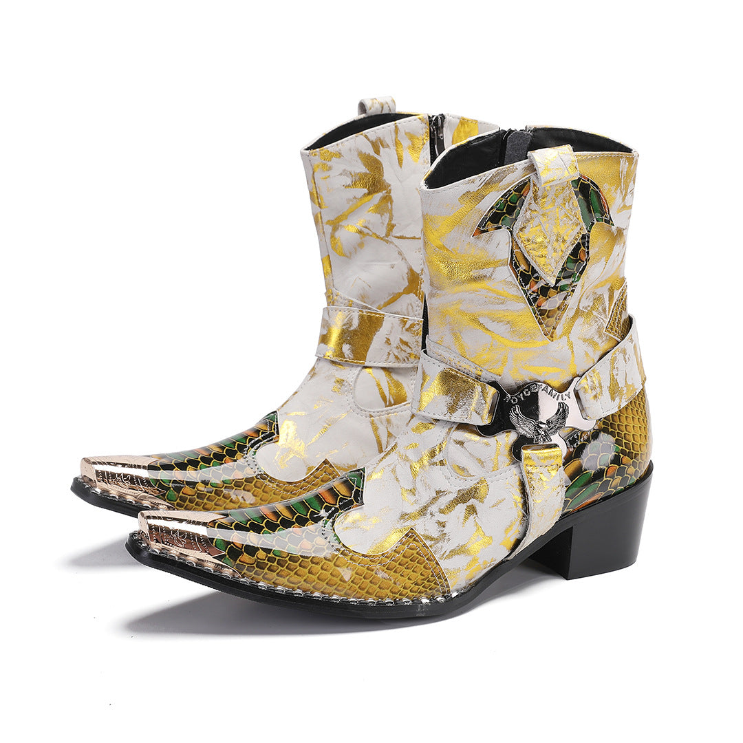 New Chelsea European and American high street catwalk personality Martin classic mid-tube cowboy trendy men buckle high-heeled cowhide boots