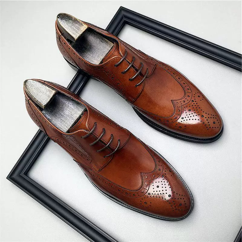 Men's Genuine Leather Wedding Shoes, Pointed Toe, Lace-Up
