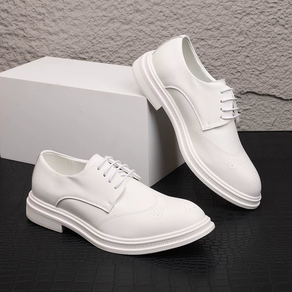 Men's White Derby Shoes, Height Increasing, Pointed Toe