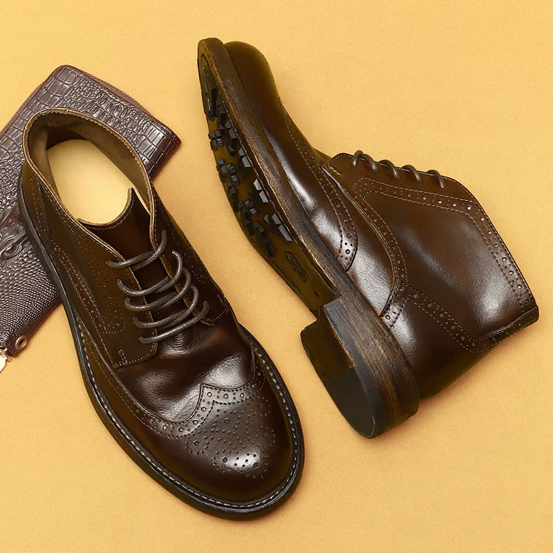 Men's Genuine Leather Martin Boots, Handmade, Brogue