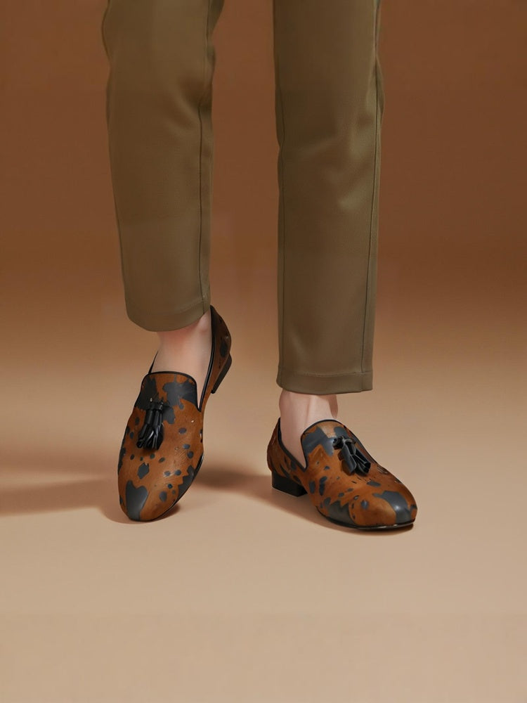 New brown and black horse-haired men's loafers exported to Europe and the United States small square toe tassel smoking shoes red sole shoes