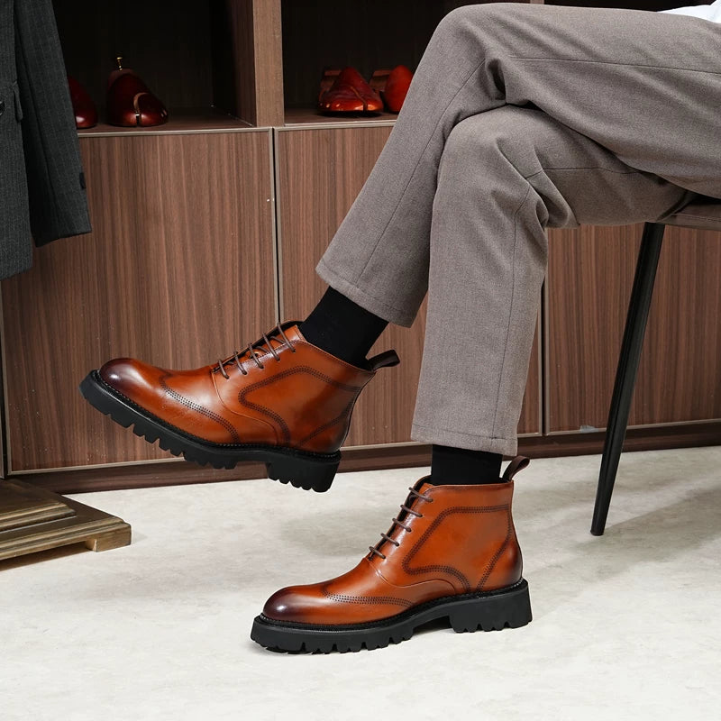Men's Genuine Leather Martin Boots, Height Increasing, Thick Sole