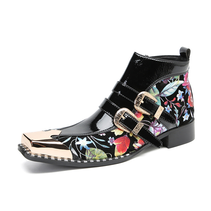 Printed new handmade shoes brand British thick-soled Chelsea boots men's trendy cowhide Martin boots square toe high-top short boots