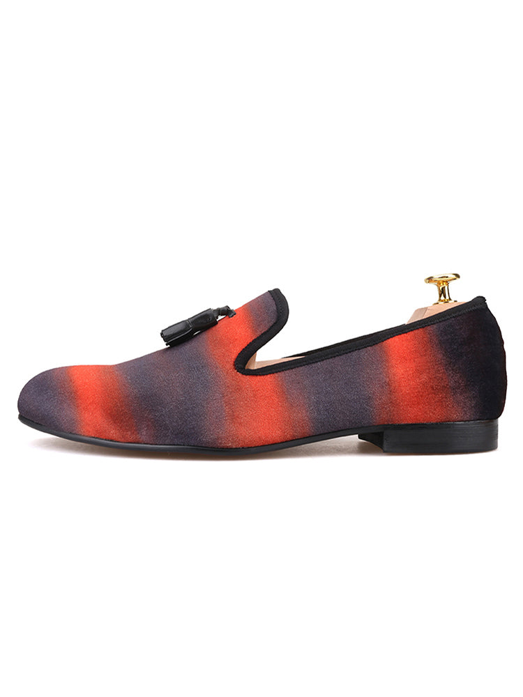 Red and black mixed color imported velvet men's handmade loafers European and American party nightclub slip-on cowhide tassel shoes