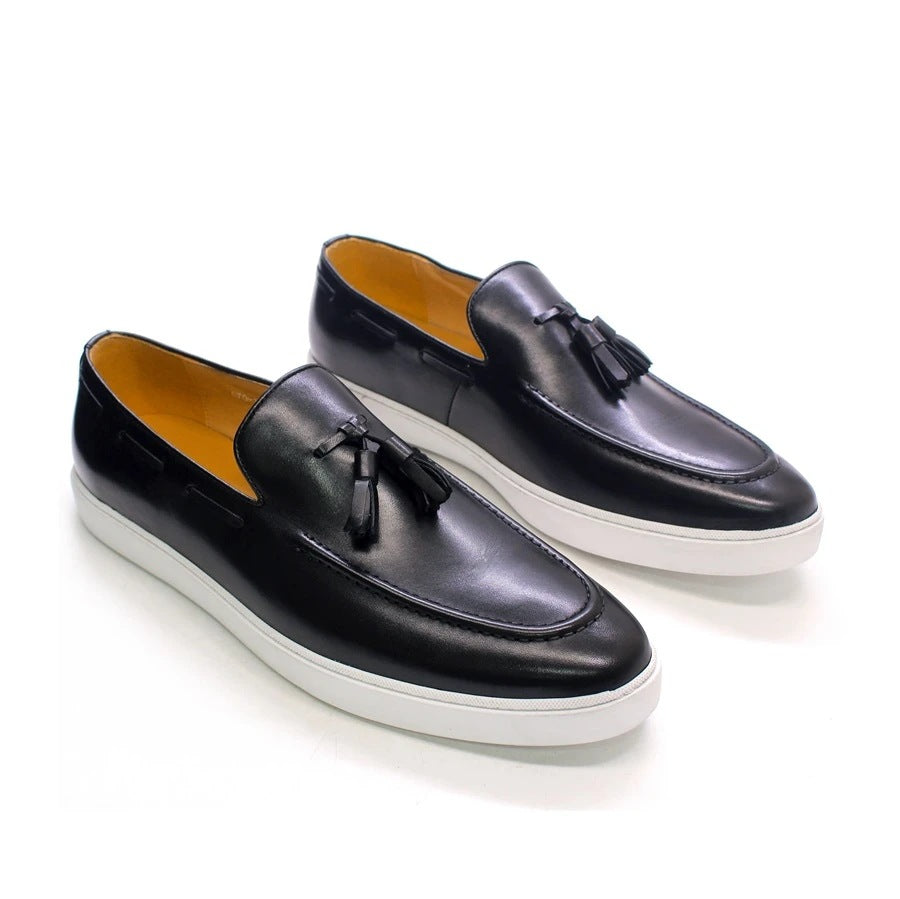 Summer Leather Shoes Men's Casual Leather Shoes Leather Breathable Men's Tassel Loafers Slip-on Daily Flat Sneakers