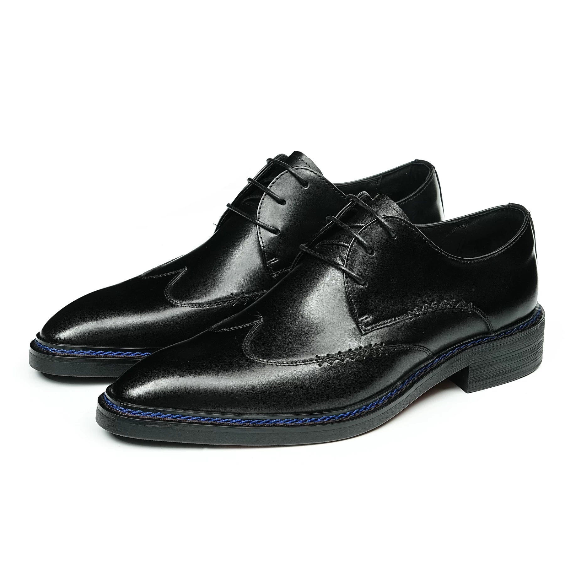 Men's Black Genuine Leather Derby Shoes, Pointed Toe, Business