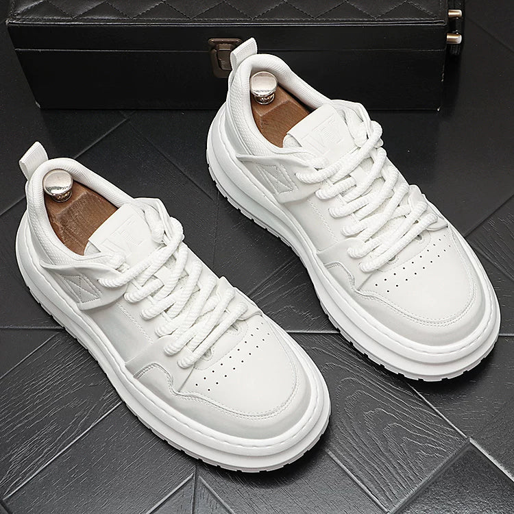 Men's Hidden-Wedge Platform Breathable Lace-Up Low-Top White Sneakers