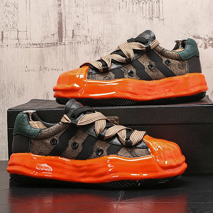 Men's Platform Low-Top Genuine Leather Korean Style Color-Block Skate Shoes