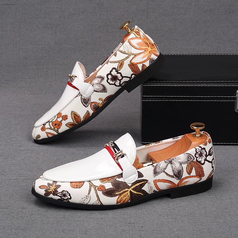 Men's White Patent Leather Loafers, Pointed Toe, Slip-On