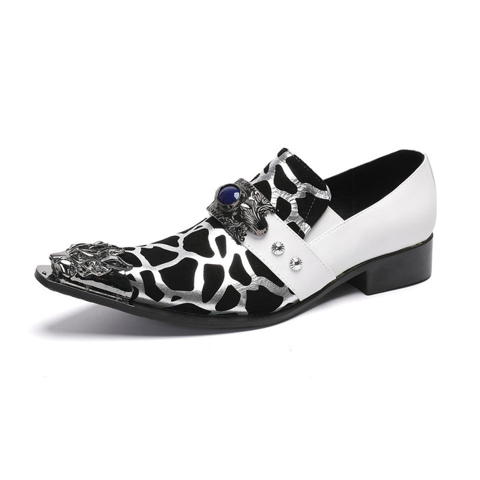White leather shoes for men, Korean style casual men's slip-on hairstylist wedding shoes, pointed toe slip-ons, heightening formal business shoes