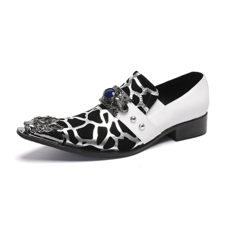 White leather shoes for men, Korean style casual men's slip-on hairstylist wedding shoes, pointed toe slip-ons, heightening formal business shoes