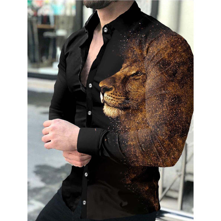 2024 Foreign trade cross-border solid color slim spot all-purpose cotton casual lapel animal print youth shirt