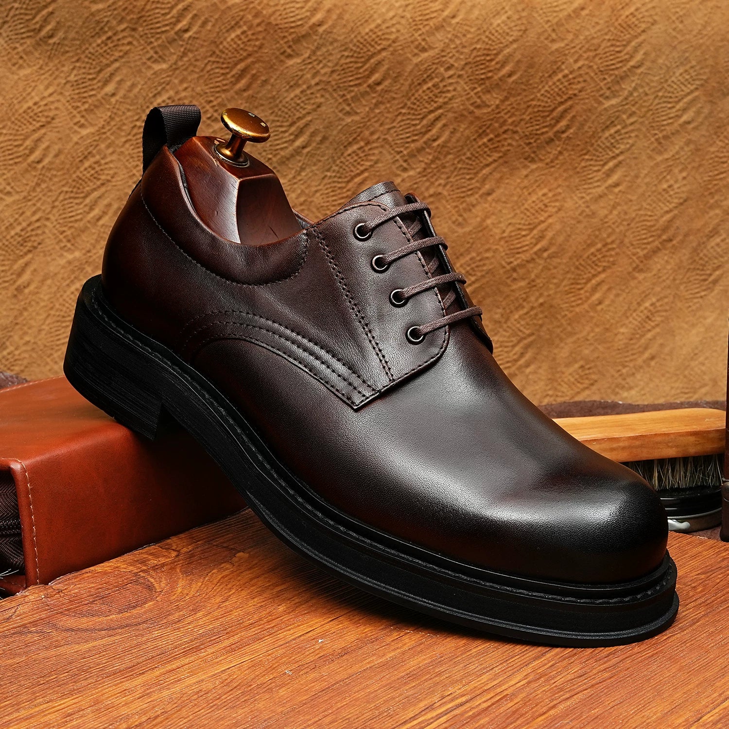 Men's Genuine Leather Derby Shoes, Height Increasing, Thick Sole