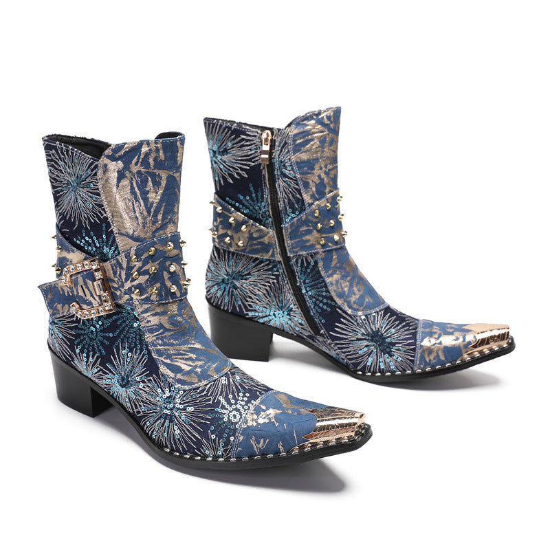 Heightening Western Cowboy Boots Pointed Embroidered Knight Boots Men 2023 New Mid-Tube Martin Boots Chelsea Boots Trend