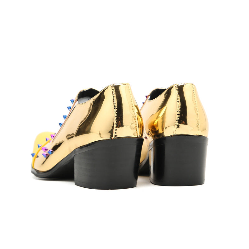 Glossy men's gold breathable casual leather shoes British patent leather trend performance pointed inner height wedding banquet shoes